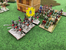 Des tirailleurs Danois accompagnent des batteries sur le champ de bataille.